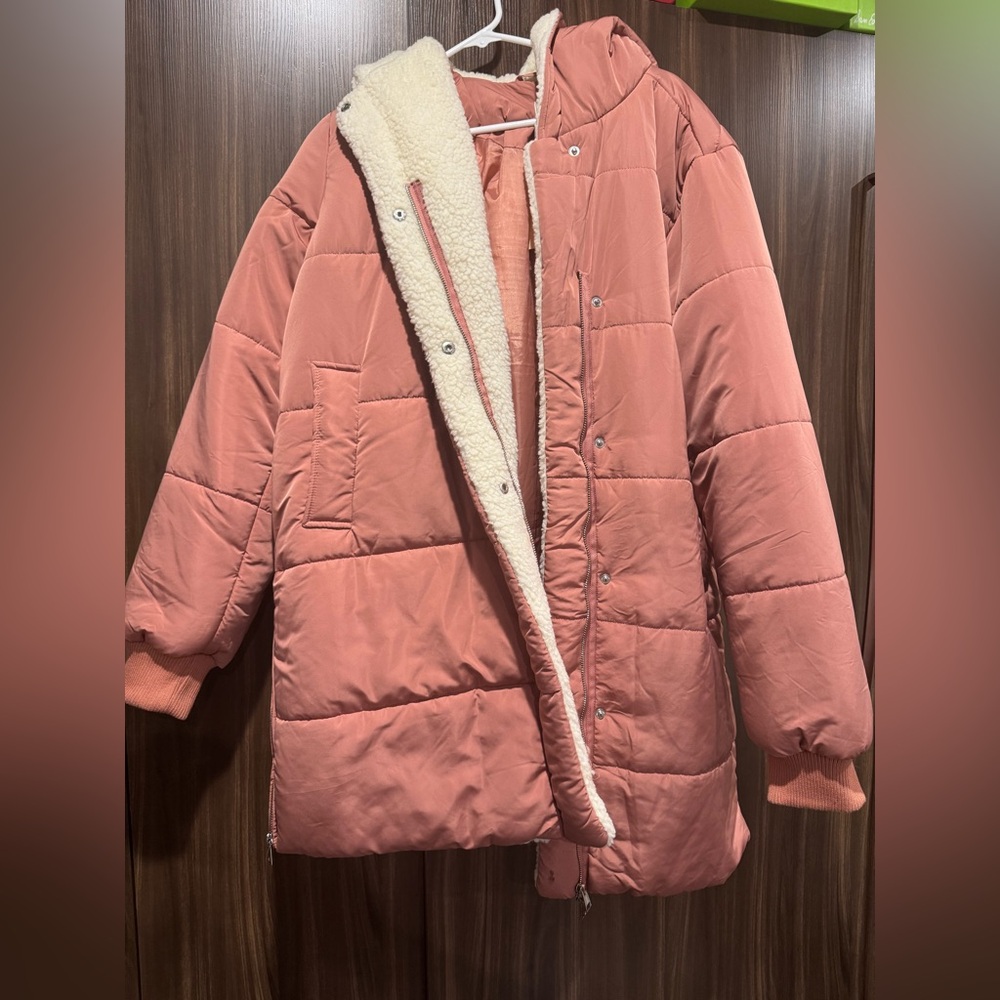 Women's Pink Puffer Jacket with Cream Lining - Large